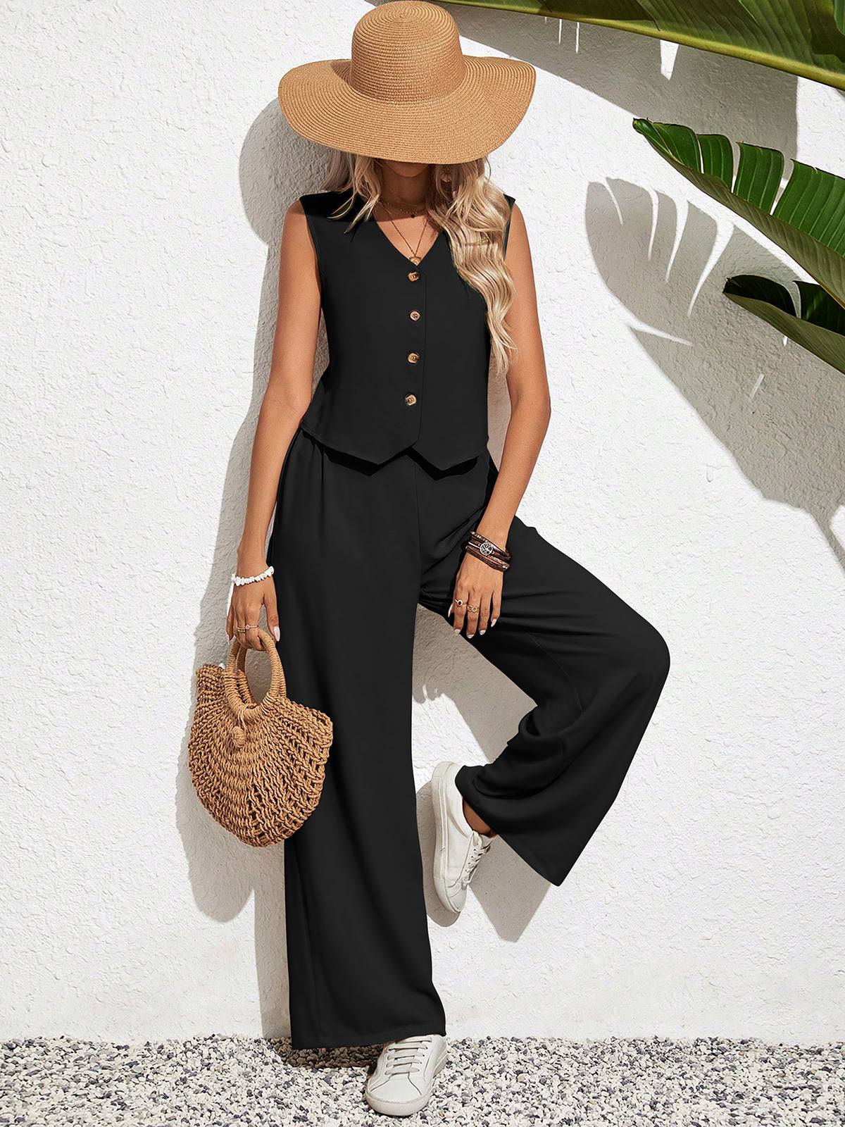 Women Casual Wear Button Down Sleeveless Vest Shirt Straight Wide Leg Pants